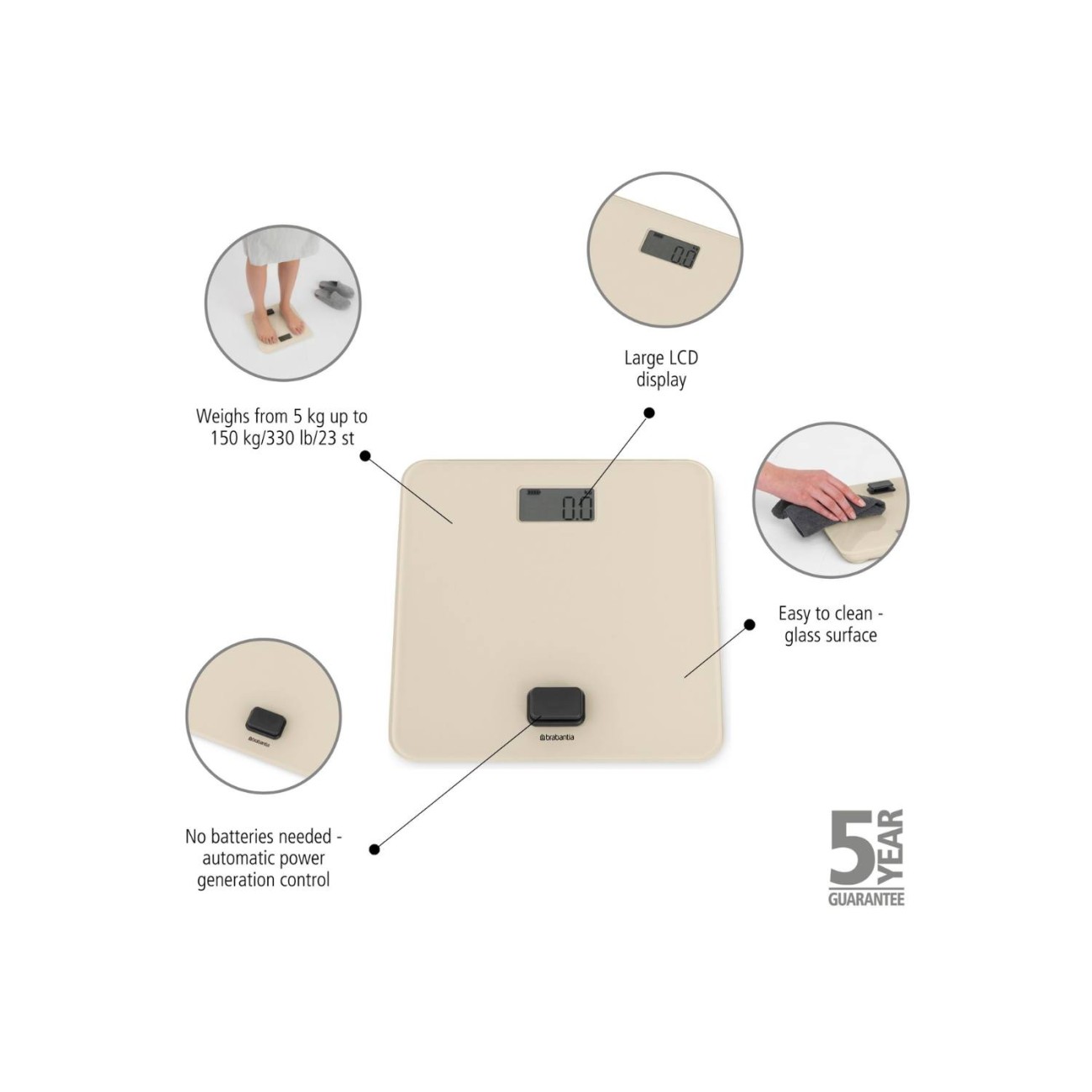 Brabantia Ζυγαριά μπάνιου Soft Beige Battery Free σειρά Renew Ζυγαριές Μπάνιου