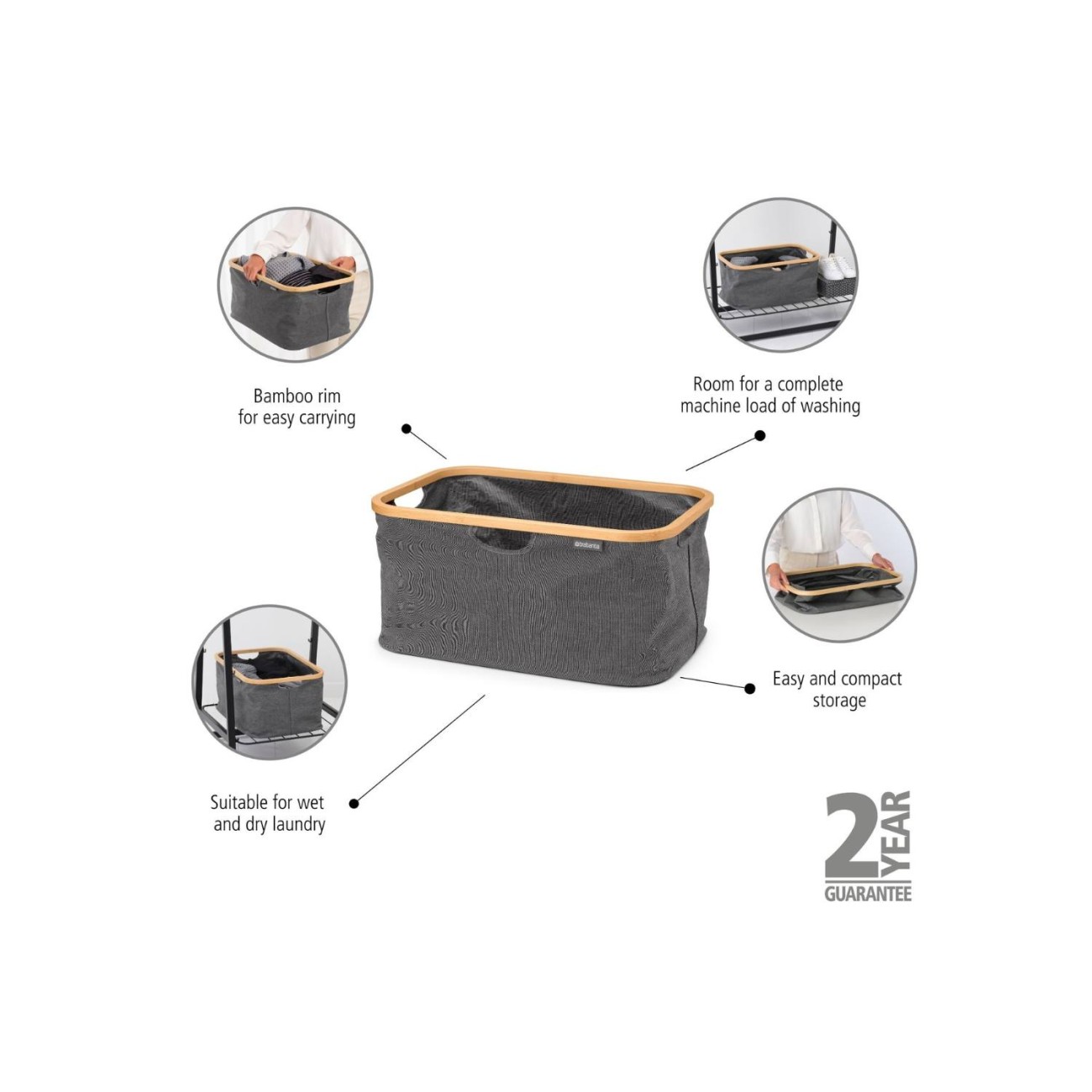 Brabantia Καλάθι απλύτων 40 λτ. αναδιπλούμενο Pepper Black Laundry
