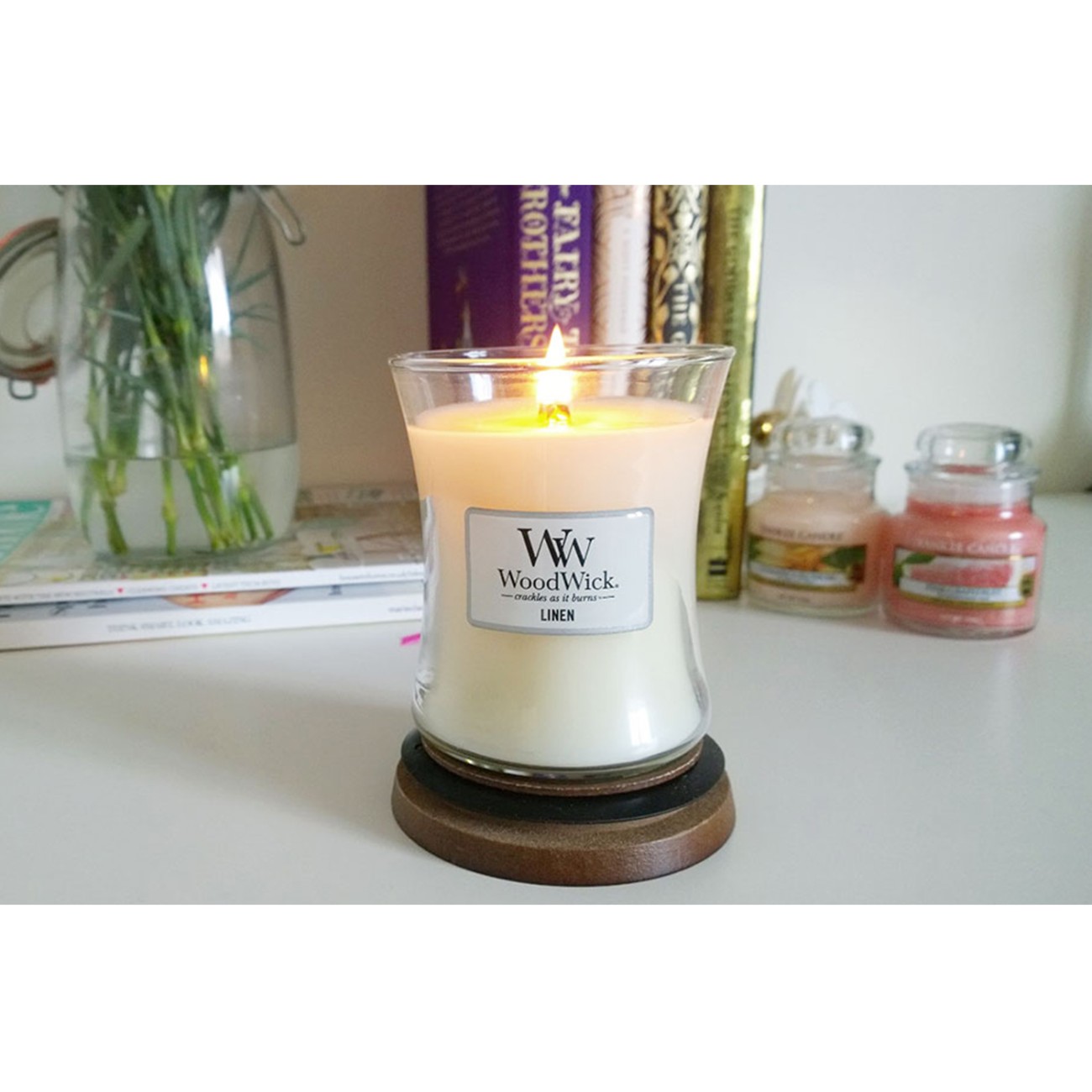 WoodWick Αρωματικό Κερί σε Γυάλινο Δοχείο Medium σειρά Linen Γυάλινα δοχεία Woodwick